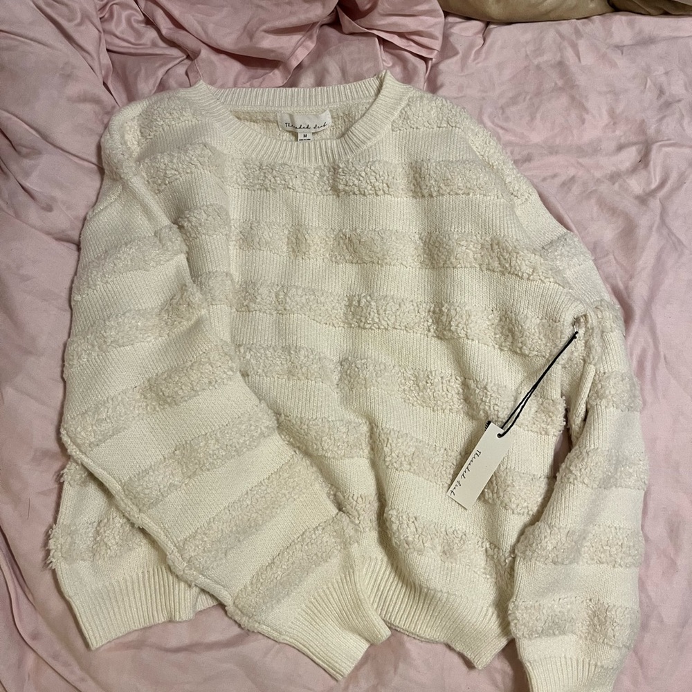 Cream Textured Stripe Sweater Cozy Chunky Knit Winter Fuzzy Comfy